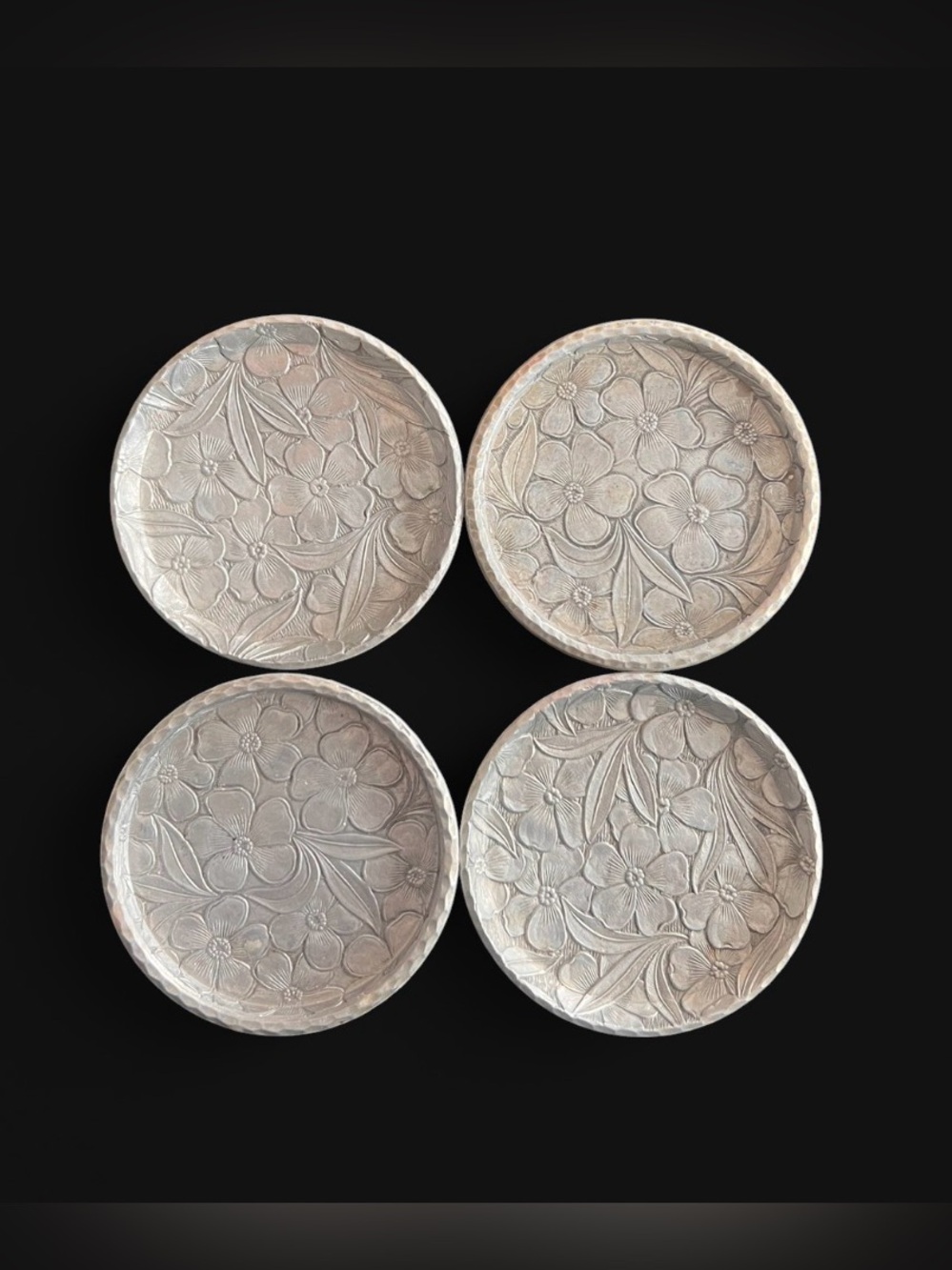 Vintage Mid Century Everlast hand-forged aluminum coasters set Dogwood pattern